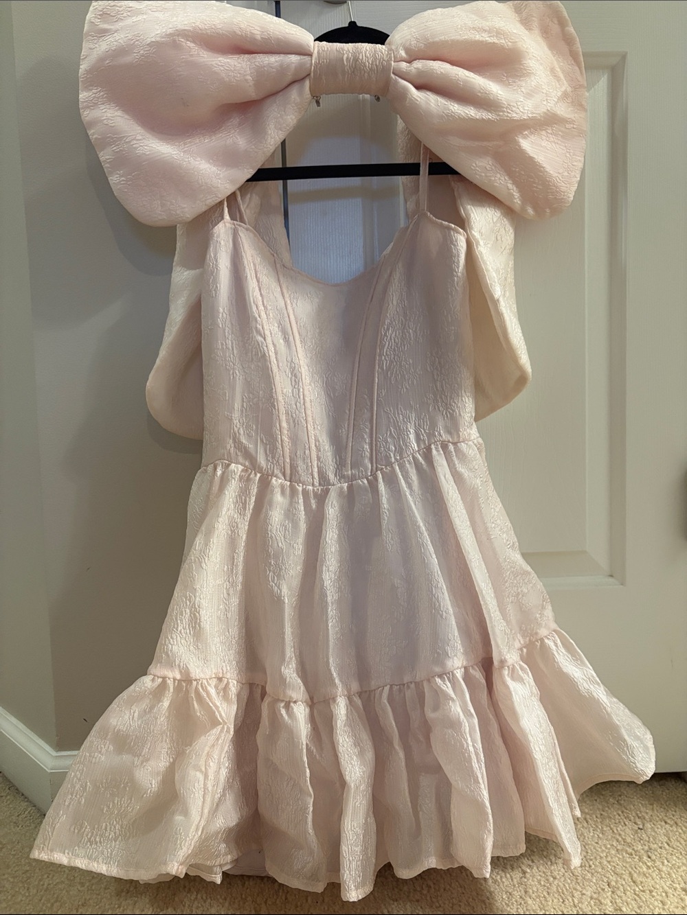 Dolls Kill Baby Pink Tiered Mini Party Dress with Bow Detail